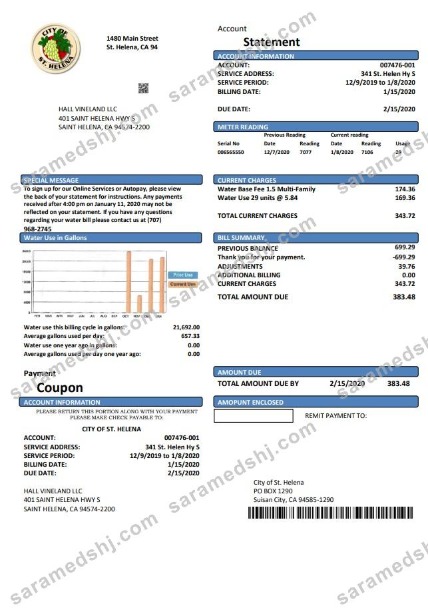 USA California City of St Helena utility bill template in Word and PDF format